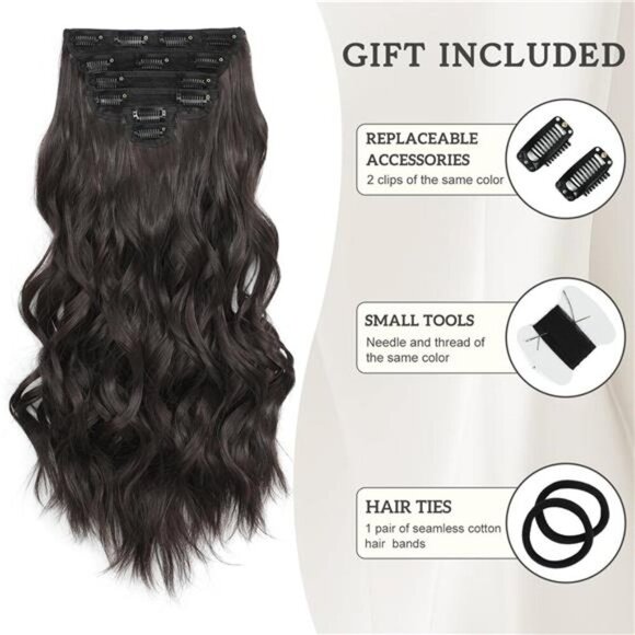 Clip in Long Wavy Synthetic Hair Extension 20 Inch Dark Brown 6PCS Thick - Picture 3 of 7